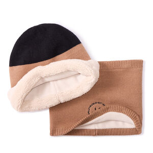 Set gebreide muts en snood SmileyWorld jongens chocolade met microfleece voering 