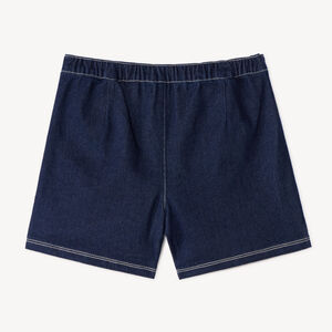 Plissé denim meisjes shortjupe met hartvormige strassgesp 