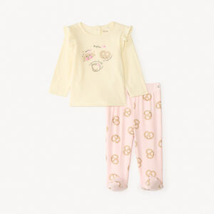 Set van 2 onderdelen pyjama t-shirt + broek met ontbijtmotief voor baby meisjes, met verschillende afwerkingen afhankelijk van de leeftijd. 