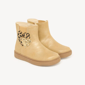 Zwarte en elastische enkelboots voor meisjes met een leopardprint hartmotief. 
