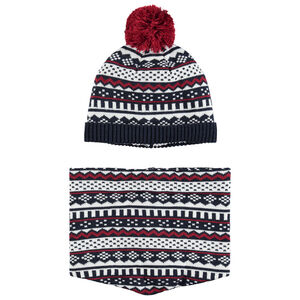 Ensemble van muts en snood met prints en voering van sherpastof 