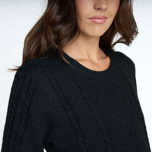 Jurk met lange mouwen, effen gebreid, met vlechtpatroon voorzijde en mouwen, ronde hals, geribbelde manchetten en zoom, effen rug 