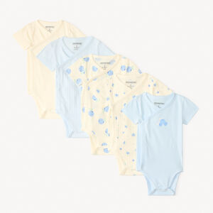 Set van 5 rompertjes met bosbessenmotieven voor babymeisjes, met verschillende openingen afhankelijk van de leeftijd. 