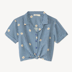 Chemise manches courtes vichy et broderie fleurie fille 