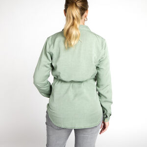 Blouse met lange mouwen van voile, met koord om te knopen, voor dames, met knopsluiting voor borstvoeding, effen groen, met hemdenkraag en contrasterende knopen 