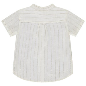 Overhemd met korte mouwen in voile, ecru met fijne contrasterende strepen, met mao-kraag voor babyjongens 