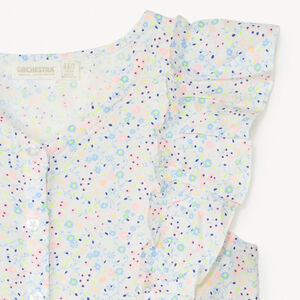 Chemise manches courtes à gros volant imprimé fleuri fille 