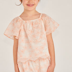 Ensemble 2 pièces t-shirt + short en broderie fleurie bicolore fille 