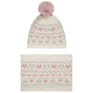 Ensemble bonnet + snood en tricot fantaisie avec pompon pour fille 