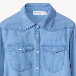 Langemouwenhemd in westernstijl voor meisjes, effen blauw, met hemdkraag en pofmouwen 