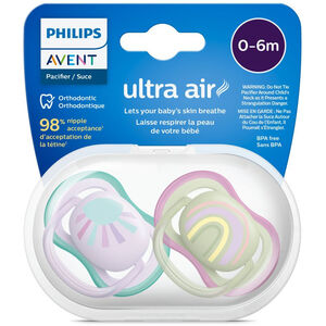 Set van 2 Ultra Air siliconen fopspenen 0-6 maanden zon/regenboog 