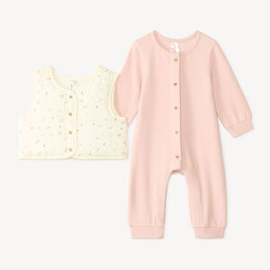 Set van 2 delen, jumpsuit en mouwloos vest met fantasiepatronen. 