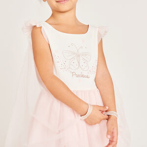 Robe bi-matière avec sa cape en tulle et sa couronne fille 