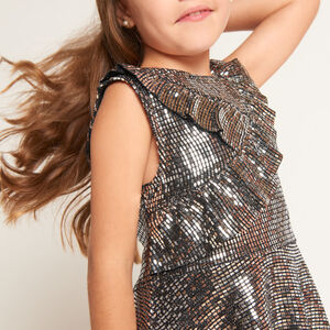 Mouwloze feestjurk in glanzende zilverkleurige fantasie stof voor meisjes 