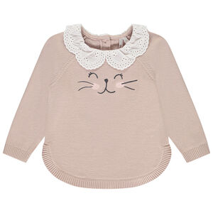 Pull chat en tricot avec col claudine brodé pour bébé fille 