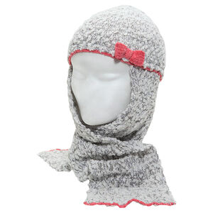 Muts/sjaal van popcornbreiwerk met contrasterende strik 