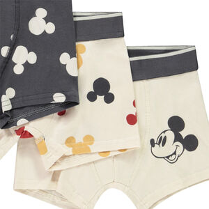 Set van 3 boxershorts Mickey Disney voor jongens, jersey, met elastische taille en contrasterende biezen, variërende prints inclusief all-over Mickey en effen beige model met Mickey Mouse print voorkant 