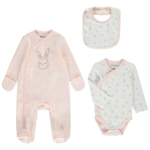 Set dors-bien en velours + body + bavoir imprimé lapins pour bébé fille 