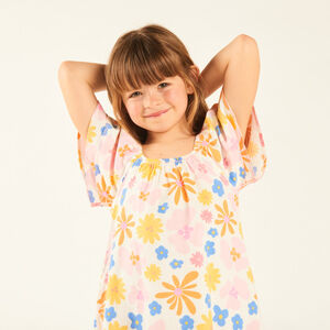 Robe manches courtes en sergé imprimée fleurs fille 