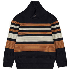 Gestreepte trui in fantasie breiwerk en gekruiste kraag voor jongens 