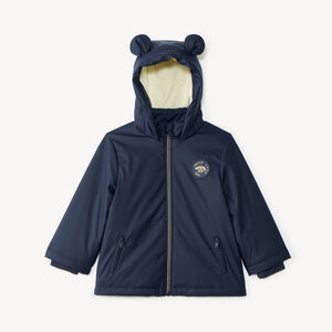 Jas van gum voor babyjongen, gevoerd met microfleece en met een capuchon met oortjes. 