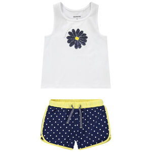 Bloemengestikt set met pailletten en short met stippen 