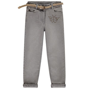 Jean denim avec ceinture tressée et papillon fille 
