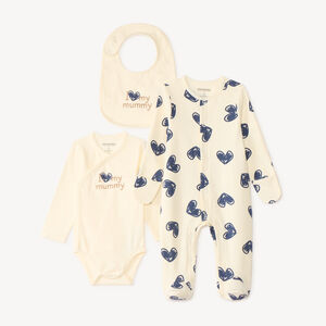 Set de naissance 3 pièces avec dors-bien motif cœurs 