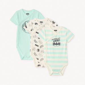 Set van 3 korte mouwen Batman Warner rompertjes voor babyjongens met verschillende openingen afhankelijk van de leeftijd. 