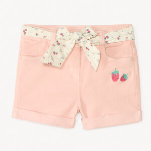 Denim short met fruitborduursel + strikceintuur voor babymeisjes 