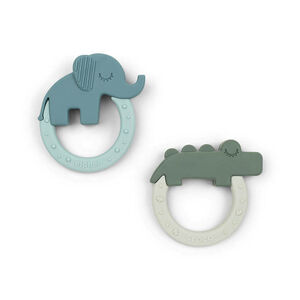 Set van 2 bijtringen Deer Friends in groen en blauw met siliconen texturen in olifant- en krokodillenvorm 