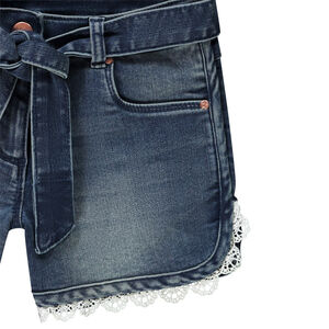 Short en jean délavé avec finition dentelle pour fille 