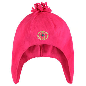 Muts met oorpads van microfleece met borduursel en pompon 