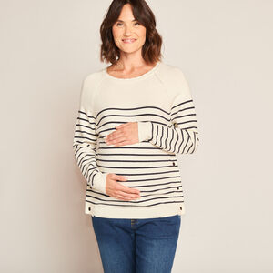 Trui voor borstvoeding in gestreept gebreid met fantasiekraag 