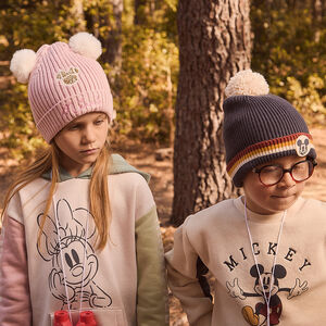 Muts met pompons en gebreide Minnie Disney snood voor meisjes roze poudré glanzend 