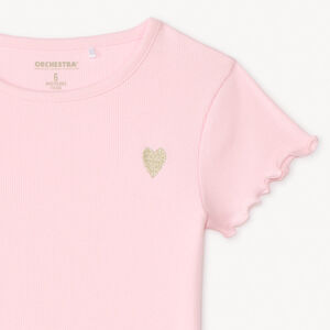 T-shirt met korte mouwen van effen ribstructuur met geborduurd hart voor meisjes 