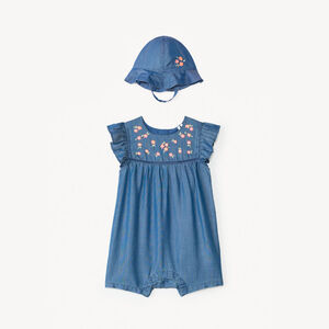 Korte jumpsuit + charlotte in geborduurd tencel met bloemen voor babymeisje 
