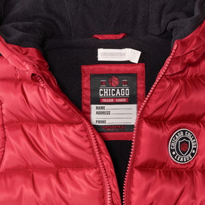 Donsjas mouwloos met kap en gom-badge voor jongens 