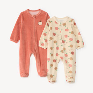 Set van 2 meisjes slaapdressjes in velours met rits, appelmotief. 