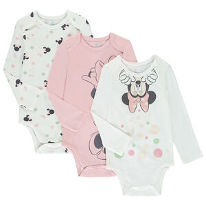 Lot de 3 bodies manches longues Minnie Disney pour bébé fille avec ouvertures différentes selon l'âge 
