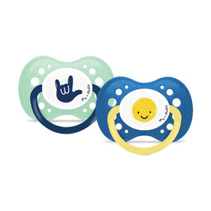 Set van 2 anatomische siliconen fopspenen 18M+ Mathilde Cabanas blauw 