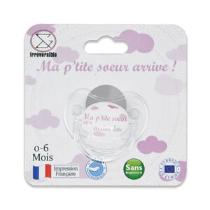 Sucette d'annonce en silicone 0-6M "Ma p'tite sœur arrive !" 