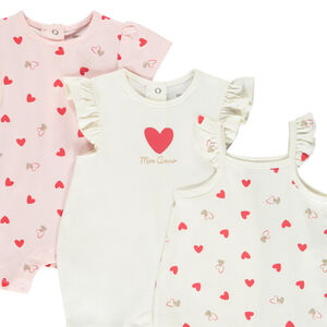 Lot de 3 combishorts fantaisie à cœurs pour bébé fille 