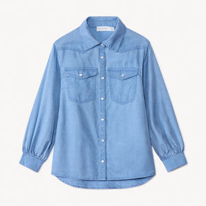 Langemouwenhemd in westernstijl voor meisjes, effen blauw, met hemdkraag en pofmouwen 