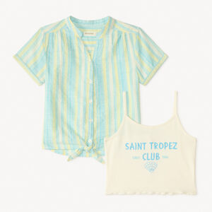 Twee-delig set met korte mouwen overhemd + fancy crop top voor meisjes 