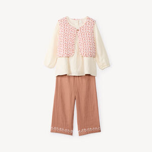 Ensemble 3 pièces bébé fille tunique + pantalon + gilet sans manches fleuris 