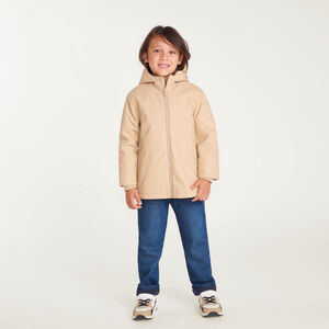 Jongens parka van rubber, gevoerd met microfleece en met capuchon. 