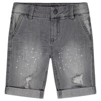Junior - Bermuda en jeans effet used avec effet de taches de peinture et usures 