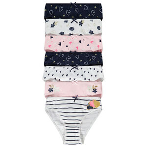 Set van 7 fantasieprint jersey onderbroeken voor meisjes, met knoop in reliëf aan de voorkant en verschillende hartjes- en bloemenprints 