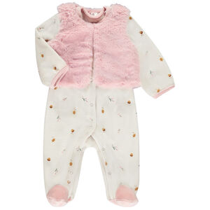 Dors-bien en velours fantaisie + gilet rose pour bébé fille (ouvertures différentes selon l'âge) 